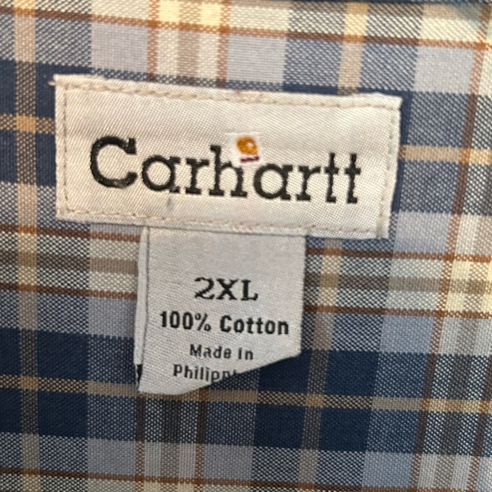 Mens Carhartt Shirt 2XL Button Down Blue Plaid LS 100% Cotton Leather Pocket Tag - Picture 3 of 6